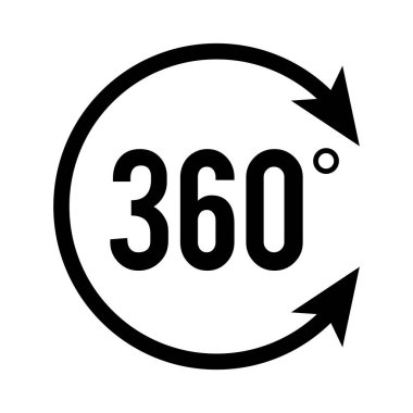 Açı 360 derece işaret simgesi. Geometri matematik sembolü. Tam yol ileri. Tasarım elemanları. Bir sürü viraj aldım. Beyaz arka plandaki soyut dairesel logo elemanı izole edildi. Vektör illüstrasyonu EPS 10