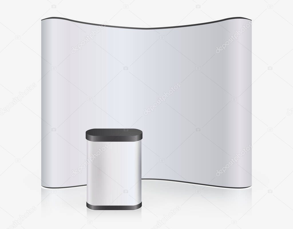 Exhibition Stand Blank Empty wall, trade show booth mock up. Exhibit Exposition. Front view. Vector detailed illustration eps10 isolated on white background. Ready Product Advertising. 3D Render