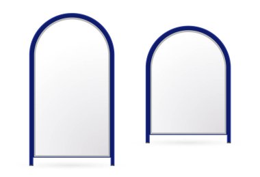 İzole edilmiş temiz beyaz arka planda 3 boyutlu bir reklam tezgahı. Tasarım şablonu tasarımcılar için boş pankart görüntüleme şablonu. Vektör illüstrasyon EPS 10 Tanıtım Sunumu