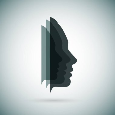 Erkek ve kadın psikolojisi kavramı. Kafası olan bir adamın siluet profili yin ve yang 'ın insan doğasının iki elementini birleştiriyor. Psikolojik sayfa kapağı için Vector EPS 10, dergi