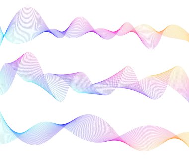 Tasarım elemanları. Bir sürü gri çizgi dalgası. Beyaz arka planda soyut dalgalı çizgiler izole edildi. Yaratıcı çizgi sanatı. Vektör illüstrasyon EPS 10. Harman Aracı kullanılarak oluşturulan çizgilerle renkli parlak dalgalar