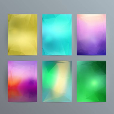 İş şablonları sunumu. Kolay düzenlenebilir EPS 10 düzeni. 6 dizayn broşür seti, ışıldayan üçgen ışık 3 boyutlu kristal kafes mor arkaplan olayı parti broşürü