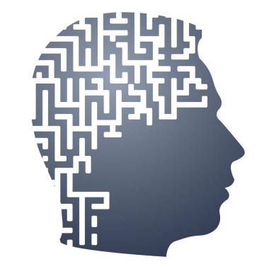 Psikoloji, insan kavramı. Dünyayı algılama labirenti. Bulmacanın arka planında bir deseni olan bir adamın siluet profili. Sayfa kapağı kitabı için Vektör EPS 10