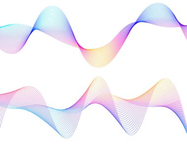 Renkli çizgilerin dalgası. Beyaz arka planda soyut dalgalı çizgiler izole edilmiş. Yaratıcı çizgi sanatı. Vektör illüstrasyon EPS 10. Karıştırma Aracı kullanılarak dizayn ögeleri oluşturuldu. Eğik düz bant