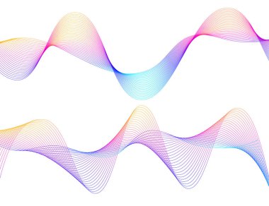 Renkli çizgilerin dalgası. Beyaz arka planda soyut dalgalı çizgiler izole edilmiş. Yaratıcı çizgi sanatı. Vektör illüstrasyon EPS 10. Karıştırma Aracı kullanılarak dizayn ögeleri oluşturuldu. Eğik düz bant