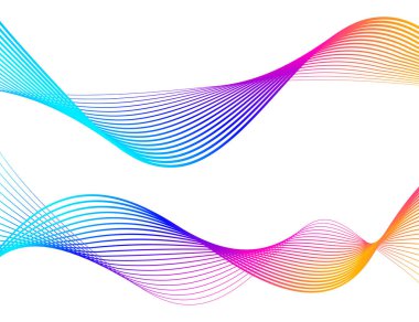 Renkli çizgilerin dalgası. Beyaz arka planda soyut dalgalı çizgiler izole edilmiş. Yaratıcı çizgi sanatı. Vektör illüstrasyon EPS 10. Karıştırma Aracı kullanılarak dizayn ögeleri oluşturuldu. Eğik düz bant