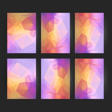 İş şablonları sunumu. Kolay düzenlenebilir EPS 10 düzeni. 6 dizayn broşür seti, ışıldayan üçgen ışık 3 boyutlu kristal kafes mor arkaplan olayı parti broşürü