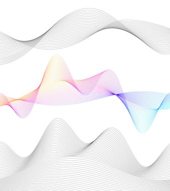 Tasarım elemanları. Bir sürü gri çizgi dalgası. Beyaz arka planda soyut dalgalı çizgiler izole edildi. Yaratıcı çizgi sanatı. Vektör illüstrasyon EPS 10. Harman Aracı kullanılarak oluşturulan çizgilerle renkli parlak dalgalar.