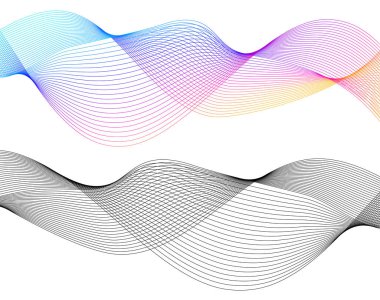 Tasarım elemanları. Bir sürü gri çizgi dalgası. Beyaz arka planda soyut dalgalı çizgiler izole edildi. Yaratıcı çizgi sanatı. Vektör illüstrasyon EPS 10. Harman Aracı kullanılarak oluşturulan çizgilerle renkli parlak dalgalar.