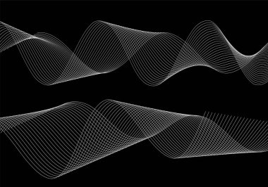 Tasarım elemanları. Bir sürü beyaz çizgi dalgası. Siyah arkaplanda soyut dalgalı çizgiler izole edildi. Yaratıcı çizgi sanatı. Vektör illüstrasyon EPS 10. Harman Aracı kullanılarak oluşturulan çizgilerle renkli parlak dalgalar