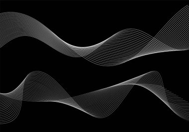 Tasarım elemanları. Bir sürü beyaz çizgi dalgası. Siyah arkaplanda soyut dalgalı çizgiler izole edildi. Yaratıcı çizgi sanatı. Vektör illüstrasyon EPS 10. Harman Aracı kullanılarak oluşturulan çizgilerle renkli parlak dalgalar