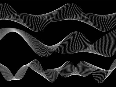 Tasarım elemanları. Bir sürü beyaz çizgi dalgası. Siyah arkaplanda soyut dalgalı çizgiler izole edildi. Yaratıcı çizgi sanatı. Vektör illüstrasyon EPS 10. Harman Aracı kullanılarak oluşturulan çizgilerle renkli parlak dalgalar