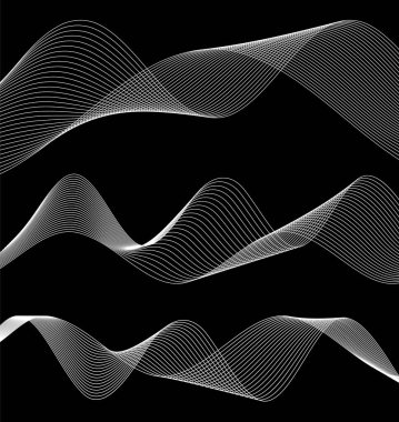 Tasarım elemanları. Bir sürü beyaz çizgi dalgası. Siyah arkaplanda soyut dalgalı çizgiler izole edildi. Yaratıcı çizgi sanatı. Vektör illüstrasyon EPS 10. Harman Aracı kullanılarak oluşturulan çizgilerle renkli parlak dalgalar