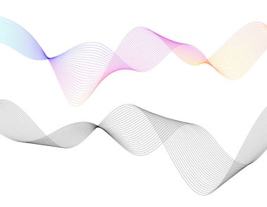 Tasarım elemanları. Bir sürü gri çizgi dalgası. Beyaz arka planda soyut dalgalı çizgiler izole edildi. Yaratıcı çizgi sanatı. Vektör illüstrasyon EPS 10. Harman Aracı kullanılarak oluşturulan çizgilerle renkli parlak dalgalar.