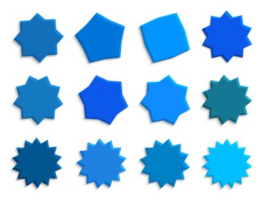 Bir dizi vektör yıldız patlaması, güneş patlaması rozetleri. Koleksiyon kırmızısı farklı renkte. Basit stil Vintage etiketleri. Tasarım elemanları. Renkli çıkartmalar. Renk ve tiplerin vektör illüstrasyonu E10 simgesi