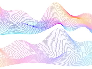 Renkli çizgilerin dalgası. Beyaz arka planda soyut dalgalı çizgiler izole edilmiş. Yaratıcı çizgi sanatı. Vektör illüstrasyon EPS 10. Karıştırma Aracı kullanılarak dizayn ögeleri oluşturuldu. Eğik düz bant