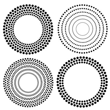 Yarım tonluk yıldız çemberleri, bükülmüş spiral. Beyaz arkaplanda tasarım elemanları. Vektör illüstrasyonunda siyah rastgele noktalar var. Yarım ton daire dokusu kullanarak kenarlık simgesini yuvarla