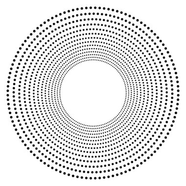 Yarım tonluk yıldız çemberleri, bükülmüş spiral. Beyaz arkaplanda tasarım elemanları. Vektör illüstrasyonunda siyah rastgele noktalar var. Yarım ton daire dokusu kullanarak kenarlık simgesini yuvarla