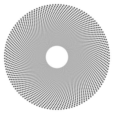 Yarım tonluk yıldız çemberleri, bükülmüş spiral. Beyaz arkaplanda tasarım elemanları. Vektör illüstrasyonunda siyah rastgele noktalar var. Yarım ton daire dokusu kullanarak kenarlık simgesini yuvarla