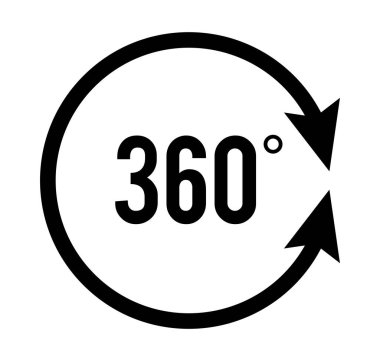 Açı 360 derece işaret simgesi. Geometri matematik sembolü. Tam yol ileri. Tasarım elemanları. Bir sürü viraj aldım. Beyaz arka plandaki soyut dairesel logo elemanı izole edildi. Vektör illüstrasyonu EPS 10