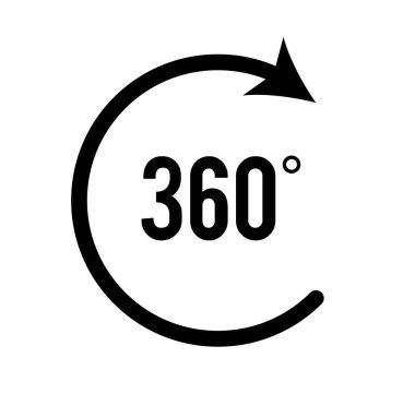 Açı 360 derece işaret simgesi. Geometri matematik sembolü. Tam yol ileri. Tasarım elemanları. Bir sürü viraj aldım. Beyaz arka plandaki soyut dairesel logo elemanı izole edildi. Vektör illüstrasyonu EPS 10