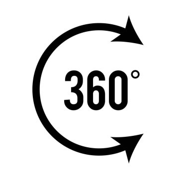 Açı 360 derece işaret simgesi. Geometri matematik sembolü. Tam yol ileri. Tasarım elemanları. Bir sürü viraj aldım. Beyaz arka plandaki soyut dairesel logo elemanı izole edildi. Vektör illüstrasyonu EPS 10