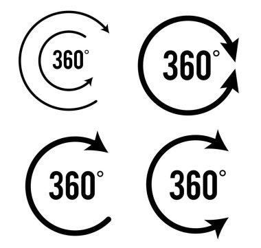 Açı 360 derece işaret simgesi. Geometri matematik sembolü. Tam yol ileri. Tasarım elemanları. Bir sürü viraj aldım. Beyaz arka plandaki soyut dairesel logo elemanı izole edildi. Vektör illüstrasyonu EPS 10