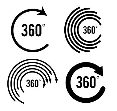 Açı 360 derece işaret simgesi. Geometri matematik sembolü. Tam yol ileri. Tasarım elemanları. Bir sürü viraj aldım. Beyaz arka plandaki soyut dairesel logo elemanı izole edildi. Vektör illüstrasyonu EPS 10