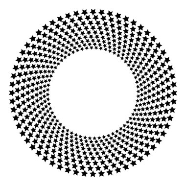 Yarım tonluk yıldız çemberleri, bükülmüş spiral. Beyaz arkaplanda tasarım elemanları. Vektör illüstrasyonunda siyah rastgele noktalar var. Yarım ton daire dokusu kullanarak kenarlık simgesini yuvarla
