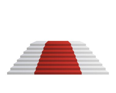 Tasarım elementleri, beyaz merdiven gerçekçi, kırmızı halı çizimi, şeffaf arka planda gölgesi var. İzole edilmiş boş masada 3D ayakta dur. Vektör illüstrasyonu EPS10 tanıtım sunumu