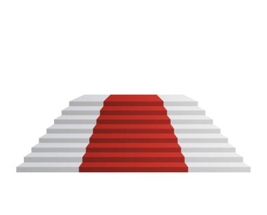 Tasarım elementleri, beyaz merdiven gerçekçi, kırmızı halı çizimi, şeffaf arka planda gölgesi var. İzole edilmiş boş masada 3D ayakta dur. Vektör illüstrasyonu EPS10 tanıtım sunumu