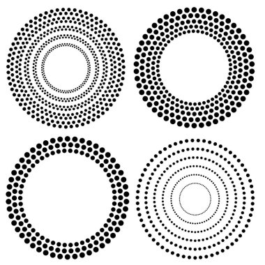 Tasarım ögeleri sembolü düzenlenebilir renk yarım ton çerçeve nokta daire deseni beyaz arkaplan üzerinde girdap. Vektör illüstrasyonunda siyah rastgele noktalar var. Yarım ton daire noktaları kullanarak kenarlık simgesini yuvarla