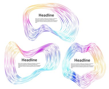 Tasarım elemanları. Bir sürü mor çizgi çemberi dalgası. Beyaz arka planda soyut dalgalı çizgiler izole edildi. Vektör illüstrasyon EPS 10. Harmanlama Aracı kullanılarak oluşturulan çizgilerle renkli dalgalar