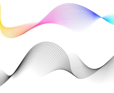Tasarım elemanları. Parlak çizgilerin dalgası. Beyaz arka planda soyut parlak dalgalı çizgiler izole edildi. Yaratıcı çizgi sanatı. Vektör illüstrasyon EPS 10. Harman kullanılarak oluşturulan çizgilerle renkli dalgalar