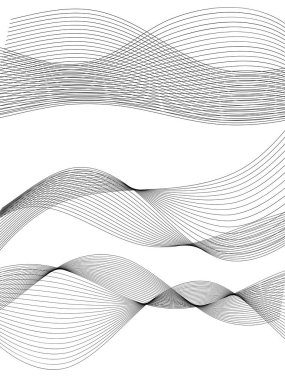 Tasarım elemanları. Bir sürü gri çizgi dalgası. Beyaz arka planda soyut dalgalı çizgiler izole edildi. Yaratıcı çizgi sanatı. Vektör illüstrasyon EPS 10. Harman Aracı kullanılarak oluşturulan çizgilerle renkli parlak dalgalar.