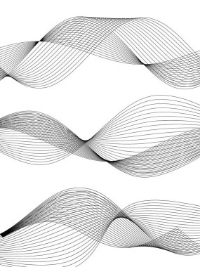 Tasarım elemanları. Bir sürü gri çizgi dalgası. Beyaz arka planda soyut dalgalı çizgiler izole edildi. Yaratıcı çizgi sanatı. Vektör illüstrasyon EPS 10. Harman Aracı kullanılarak oluşturulan çizgilerle renkli parlak dalgalar.