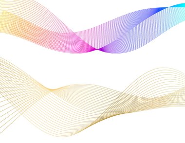 Tasarım elemanları. Bir sürü parıltılı çizgi çemberi. Beyaz arka planda soyut parlak dalgalı çizgiler izole edildi. Vektör illüstrasyon EPS 10. Harmanlama Aracı kullanılarak oluşturulan çizgilerle parlayan dalgalar