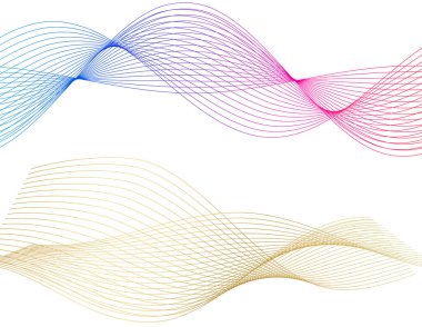 Tasarım elemanları. Bir sürü parıltılı çizgi çemberi. Beyaz arka planda soyut parlak dalgalı çizgiler izole edildi. Vektör illüstrasyon EPS 10. Harmanlama Aracı kullanılarak oluşturulan çizgilerle parlayan dalgalar