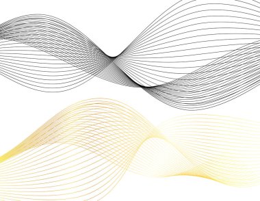 Tasarım elemanları. Bir sürü parıltılı çizgi çemberi. Beyaz arka planda soyut parlak dalgalı çizgiler izole edildi. Vektör illüstrasyon EPS 10. Harmanlama Aracı kullanılarak oluşturulan çizgilerle parlayan dalgalar