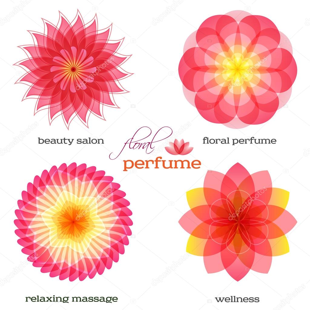 Set flowers isolated icons design. Floral aromatherapy & organic production for spa treatment. Concept symbol for floral parfume, beauty salon, relax aroma massage, resort. Vector illustration EPS 10