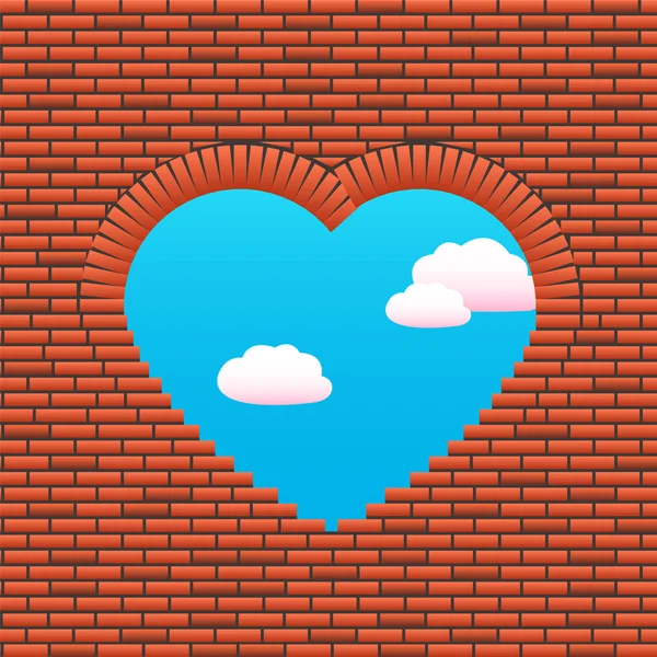 Pared de piedra-ventana corazón cielo celestial nubes rosadas — Archivo Imágenes Vectoriales