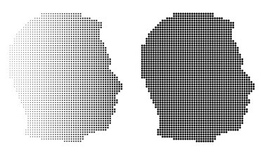 İnsan kafasının silüetinin soyut dijital çizimi vurgulanmış beyin bölgesine sahip kare piksellerden yapılmıştır. Yapay zeka kavramı, sinirsel ağ, veri işleme, makine öğrenmesi