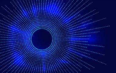 Parlak birler ve sıfırlardan oluşan dairesel akışı olan ikili kod soyut arkaplan. Yapay zekayı, veri görselleştirmesini, dijital bilgi ağını temsil eden gelecekçi teknoloji kavramı