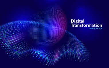 Parlayan üç boyutlu küre ve akan veri dalgalarıyla dijital dönüşüm arkaplanı. Yapay zekayı, yeniliği ve gelecekteki küresel dijital ağı temsil eden soyut teknoloji kavramı