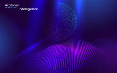 Yapay Zeka Sistemi ve Veri Entegrasyonu Konsepti. Akan Veri Dalgaları ve Işık Parçacıkları ile Araştırma Arkaplanı. Büyük Veri, Yapay Zeka, Dijital Analitik Tasarım