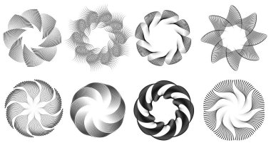 Soyut dairesel gradyan elementler ayarlandı. Düz çizgi dokuları ve optik simetrisi olan modern geometrik halkalar teknolojik markalaşma, dijital posterler, logo tasarımı ve gelecekteki grafik kompozisyonları için idealdir.