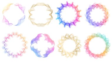 Soyut dairesel gradyan elementler ayarlandı. Düz çizgi dokuları ve optik simetrisi olan modern geometrik halkalar teknolojik markalaşma, dijital posterler, logo tasarımı ve gelecekteki grafik kompozisyonları için idealdir.