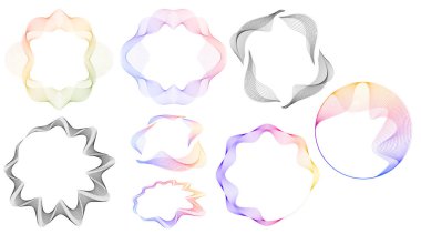 Soyut dairesel gradyan elementler ayarlandı. Düz çizgi dokuları ve optik simetrisi olan modern geometrik halkalar teknolojik markalaşma, dijital posterler, logo tasarımı ve gelecekteki grafik kompozisyonları için idealdir.