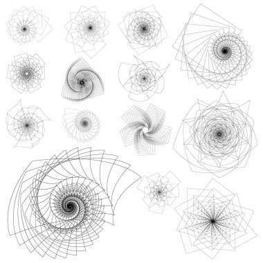 Tek renk tarzında soyut geometrik sarmal çizgi sanat öğeleri seti. Posterler, kapaklar, markalaşma, arka planlar, logolar, teknik çizimler, baskılar ve modern minimal dekoratif düzenler için ideal