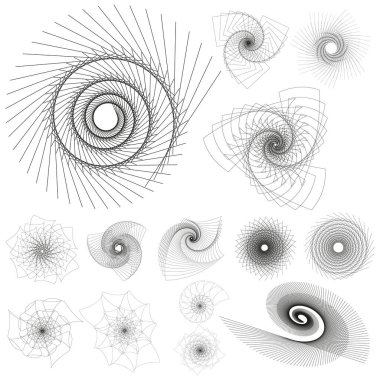 Soyut radyal spiral çizgi sanat öğeleri seti monokrom tarzında. Posterler, kapaklar, markalar, arka planlar, logolar, baskılar, teknik çizimler ve modern minimal dekoratif tasarımlar için mükemmel.